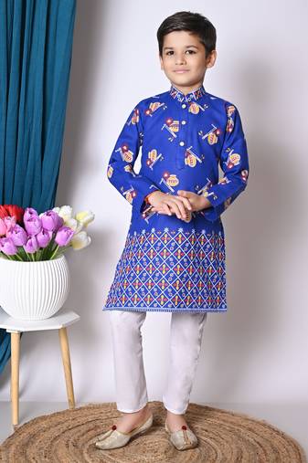 Nfc creation printed blue cotton blend kurta and pajama set for boys