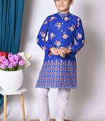 printed blue cotton blend kurta and pajama set for boys