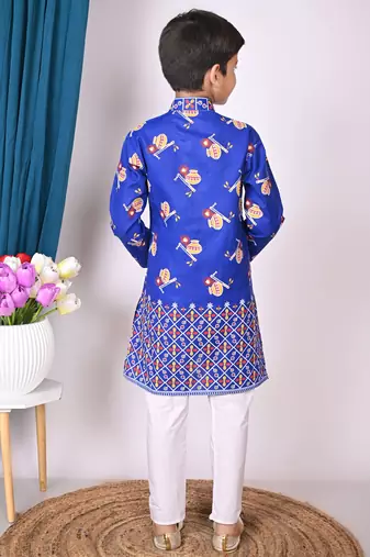 printed blue cotton blend kurta and pajama set for boys