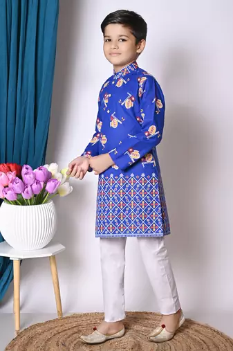printed blue cotton blend kurta and pajama set for boys