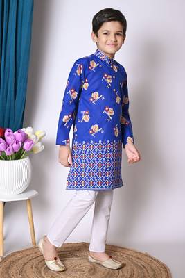 printed blue cotton blend kurta and pajama set for boys 4