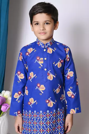 printed blue cotton blend kurta and pajama set for boys