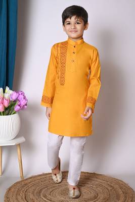 Nfc creation printed yellow pure cotton kurta and pajama set for boys 1