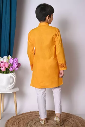 Nfc creation printed yellow pure cotton kurta and pajama set for boys