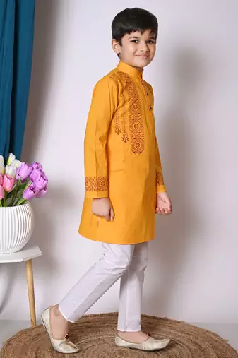 Nfc creation printed yellow pure cotton kurta and pajama set for boys