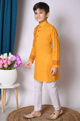 Nfc creation printed yellow pure cotton kurta and pajama set for boys 4