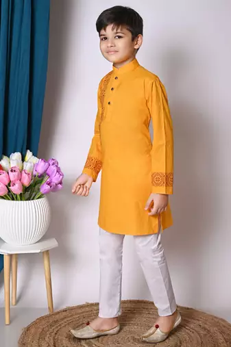 Nfc creation printed yellow pure cotton kurta and pajama set for boys