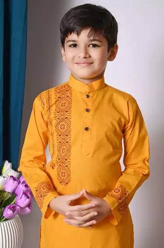 Nfc creation printed yellow pure cotton kurta and pajama set for boys