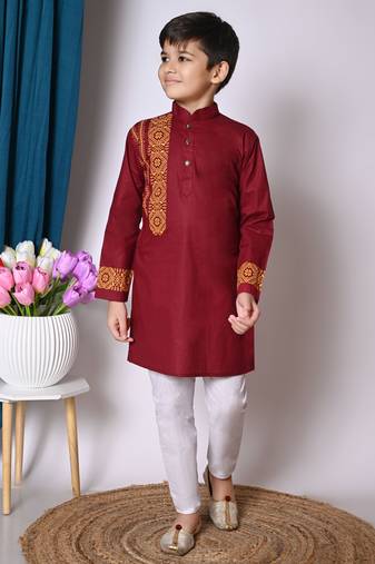 Nfc creation printed maroon pure cotton kurta and pajama set for boys