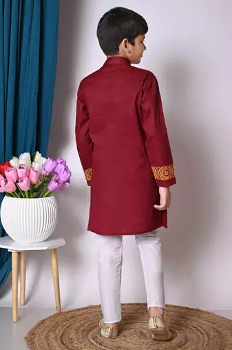 Nfc creation printed maroon pure cotton kurta and pajama set for boys