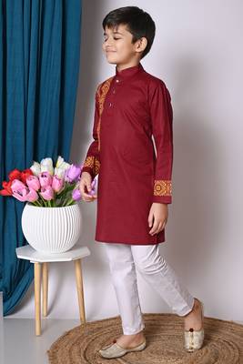 Nfc creation printed maroon pure cotton kurta and pajama set for boys 3