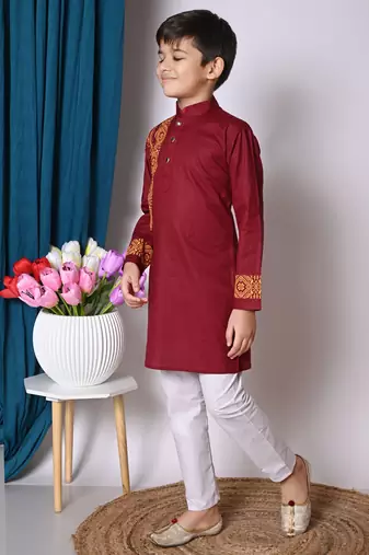 Nfc creation printed maroon pure cotton kurta and pajama set for boys