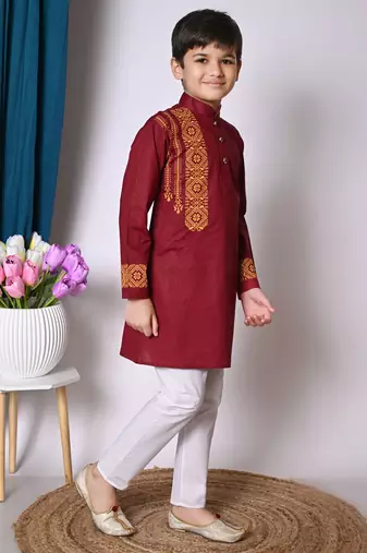 Nfc creation printed maroon pure cotton kurta and pajama set for boys