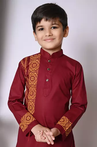 Nfc creation printed maroon pure cotton kurta and pajama set for boys