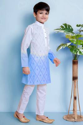 embroidery work blue cotton kurta and pajama set for boys 3