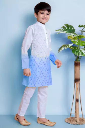 embroidery work blue cotton kurta and pajama set for boys