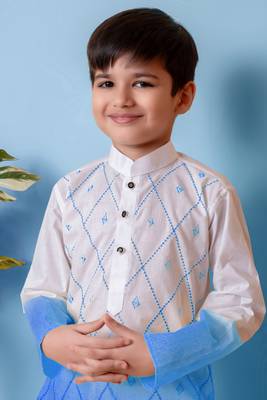 embroidery work blue cotton kurta and pajama set for boys 5