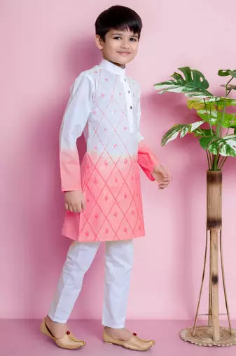 embroidery work tomato orange cotton kurta and pajama set for boys