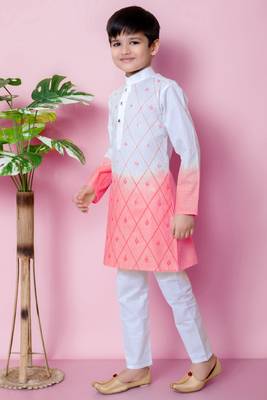 embroidery work tomato orange cotton kurta and pajama set for boys 4