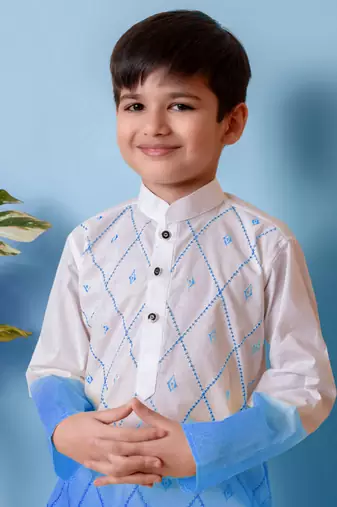 embroidery work blue cotton kurta and patiyala set for boys