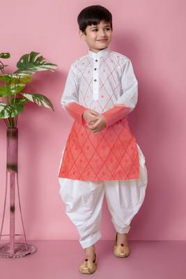 embroidery work tomato orange cotton kurta and patiyala set for boys 1