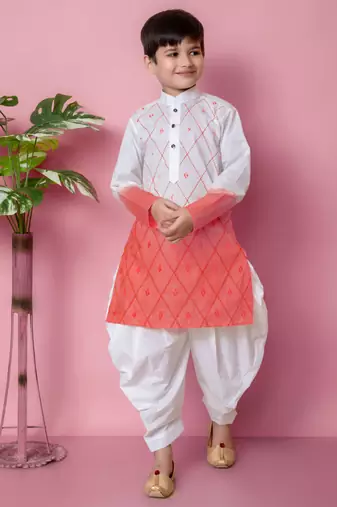 Nfc creation embroidery work tomato orange cotton kurta and patiyala set for boys