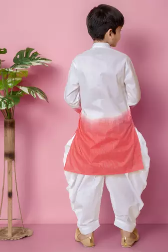 embroidery work tomato orange cotton kurta and patiyala set for boys