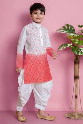 embroidery work tomato orange cotton kurta and patiyala set for boys 3