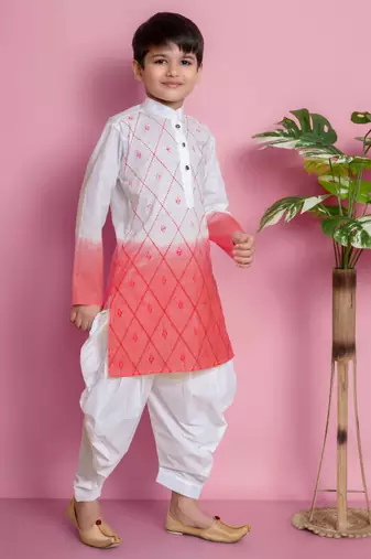 embroidery work tomato orange cotton kurta and patiyala set for boys