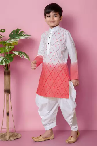 embroidery work tomato orange cotton kurta and patiyala set for boys