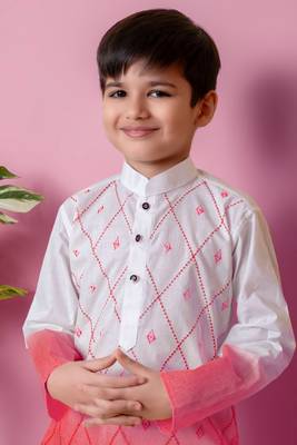 embroidery work tomato orange cotton kurta and patiyala set for boys 5
