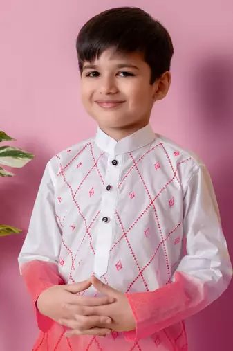 embroidery work tomato orange cotton kurta and patiyala set for boys