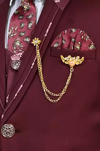 Boys cotton blend 5 piece damask printed coat suit set - maroon