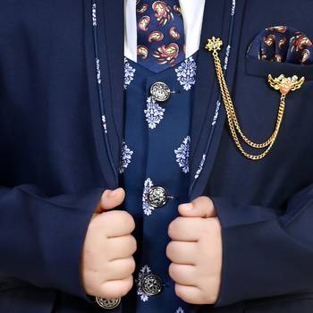 Boys cotton blend 5 piece damask printed coat suit set - navy blue 5