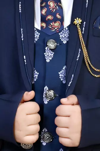 Boys cotton blend 5 piece damask printed coat suit set - navy blue