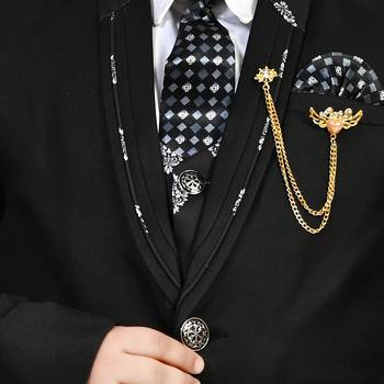 Boys cotton blend 5 piece damask printed coat suit set - black 5
