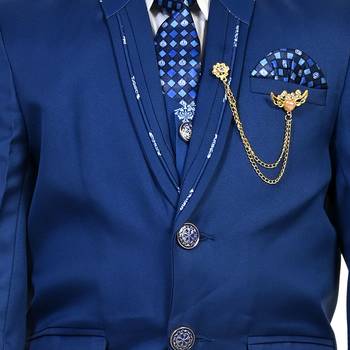 Boys cotton blend 5 piece damask printed coat suit set - royal blue 5
