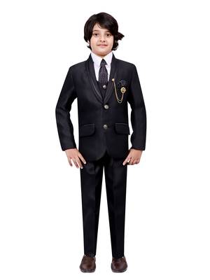 Boys cotton blend 5-piece polka dots printed coat pant suit set - black 1