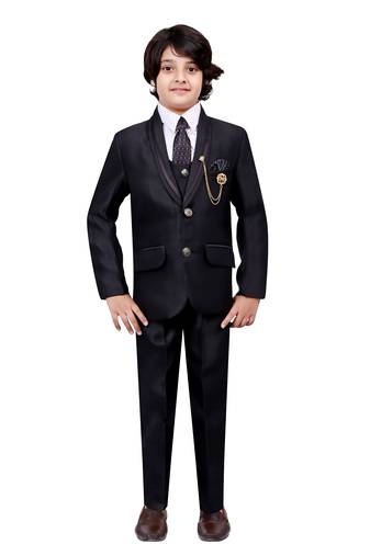 Boys cotton blend 5-piece polka dots printed coat pant suit set - black