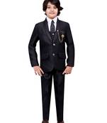 Boys cotton blend 5-piece polka dots printed coat pant suit set - black