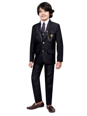 Boys cotton blend 5-piece polka dots printed coat pant suit set - black 3