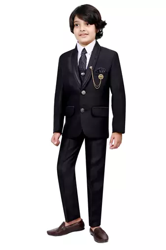 Boys cotton blend 5-piece polka dots printed coat pant suit set - black
