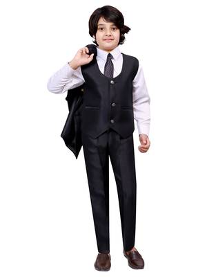 Boys cotton blend 5-piece polka dots printed coat pant suit set - black 4