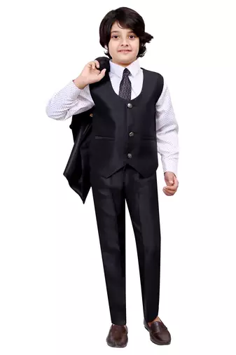 Boys cotton blend 5-piece polka dots printed coat pant suit set - black