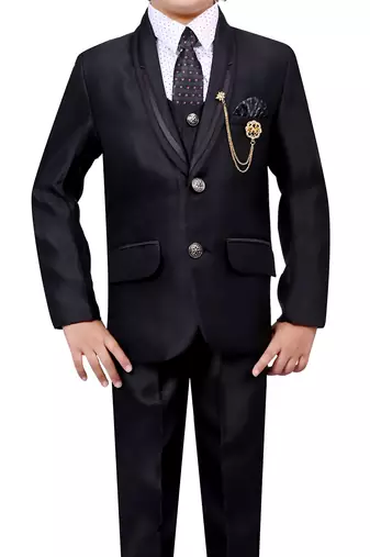 Boys cotton blend 5-piece polka dots printed coat pant suit set - black