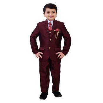 Boys cotton blend 5-piece polka dots printed coat pant suit set - maroon 1