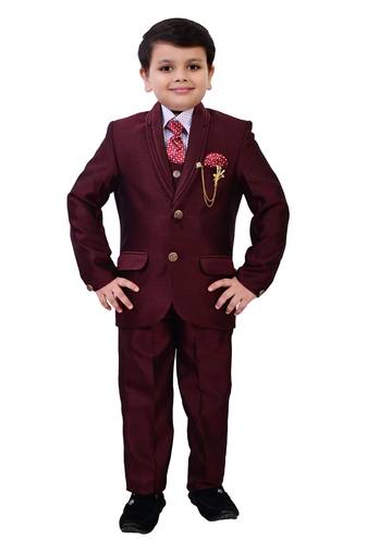 Boys cotton blend 5-piece polka dots printed coat pant suit set - maroon