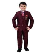 Boys cotton blend 5-piece polka dots printed coat pant suit set - maroon