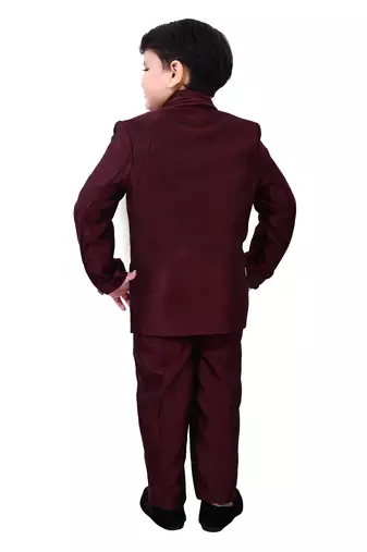 Boys cotton blend 5-piece polka dots printed coat pant suit set - maroon