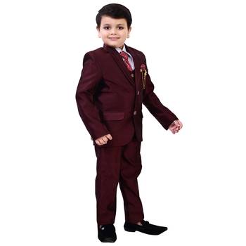 Boys cotton blend 5-piece polka dots printed coat pant suit set - maroon 3
